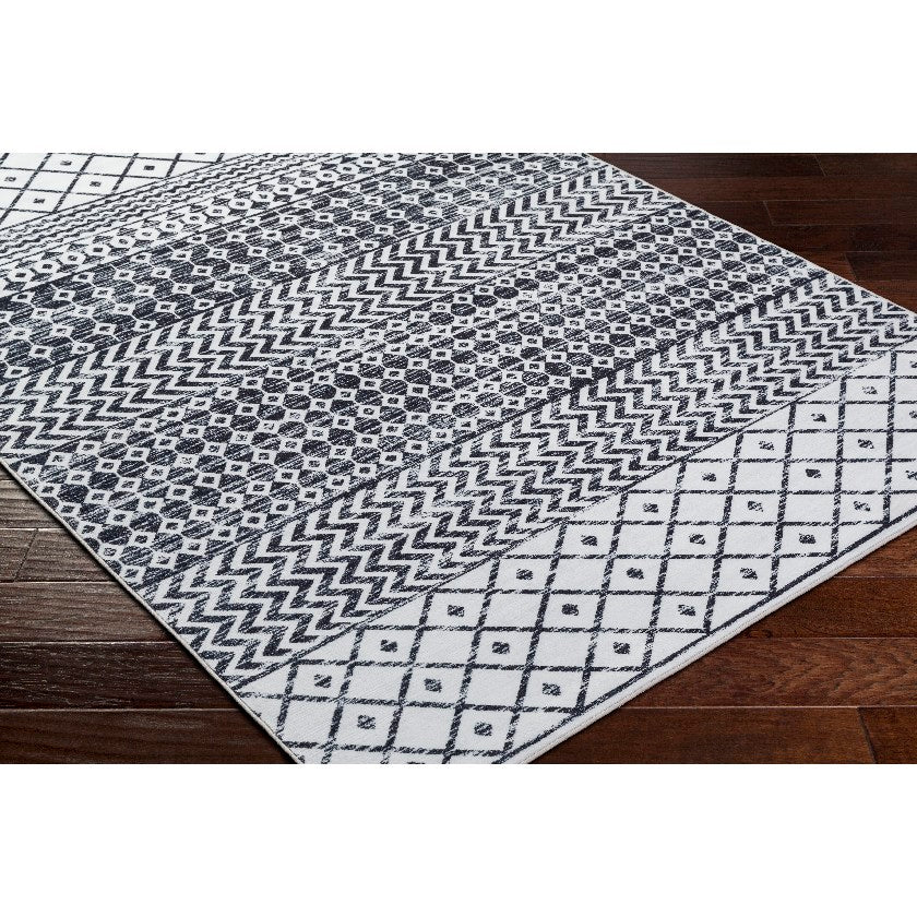 Divine Bohemian/Global Off-White/Black Washable Area Rug