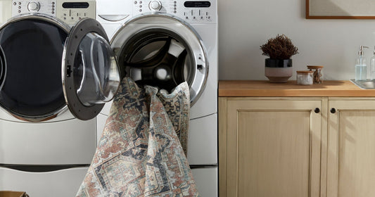 Colorful traditional washable rug coming out of washing machine