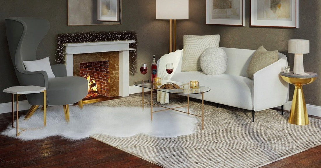 Cozy living room with fireplace, chic furniture, and Calais Modern Light Gray Area Rug.