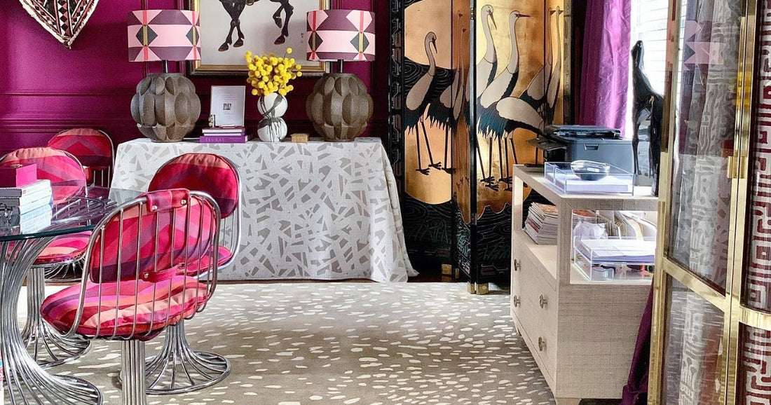 A Maximalist Office featuring colorful home decor, walls, chairs and Rainsdorp Modern Light Brown Area Rug.