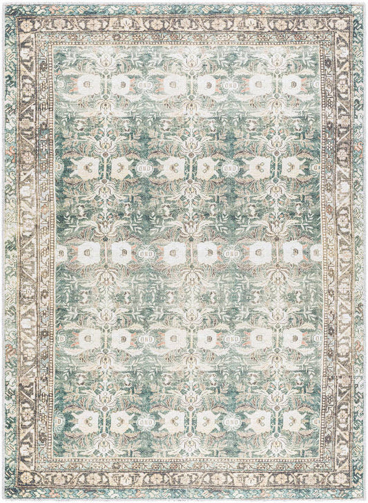 Meddo Traditional Dark Green Washable Area Rug