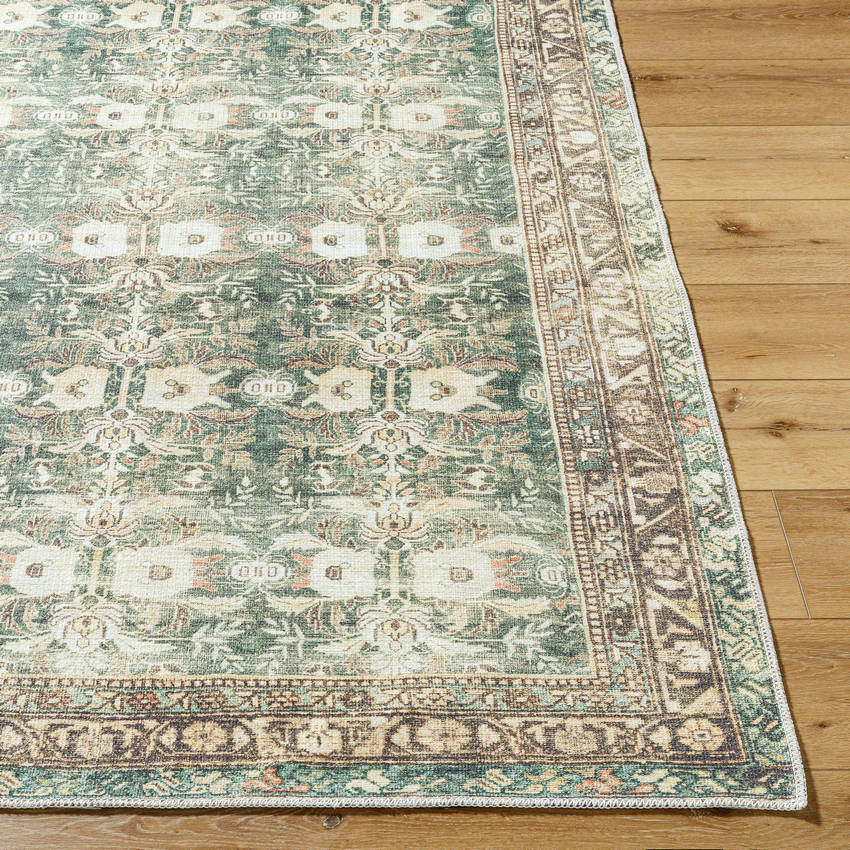 Meddo Traditional Dark Green Washable Area Rug