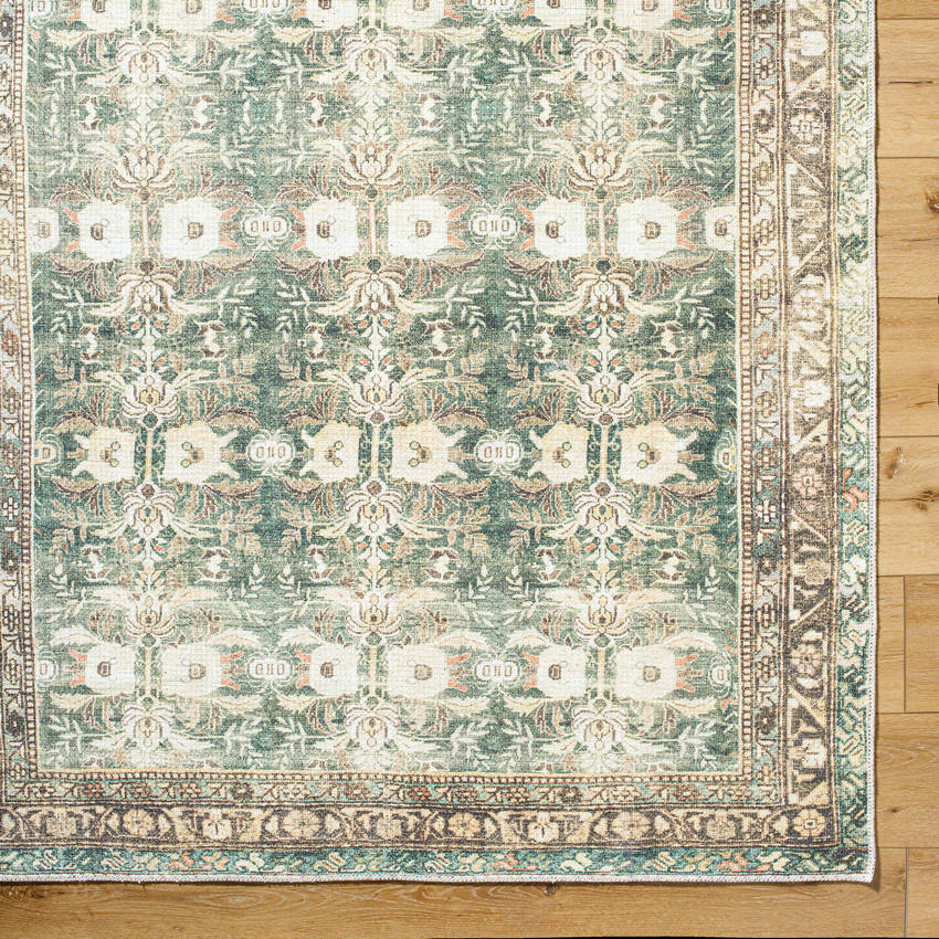 Meddo Traditional Dark Green Washable Area Rug