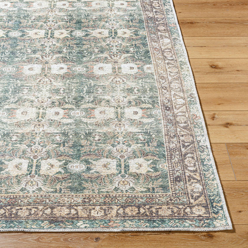 Marqus Traditional Emerald/Light Silver Washable Area Rug