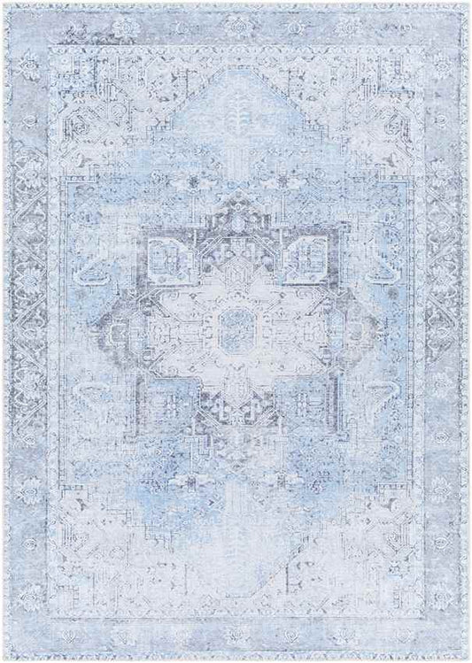 Nora Traditional Ice Blue Washable Mandala Area Rug