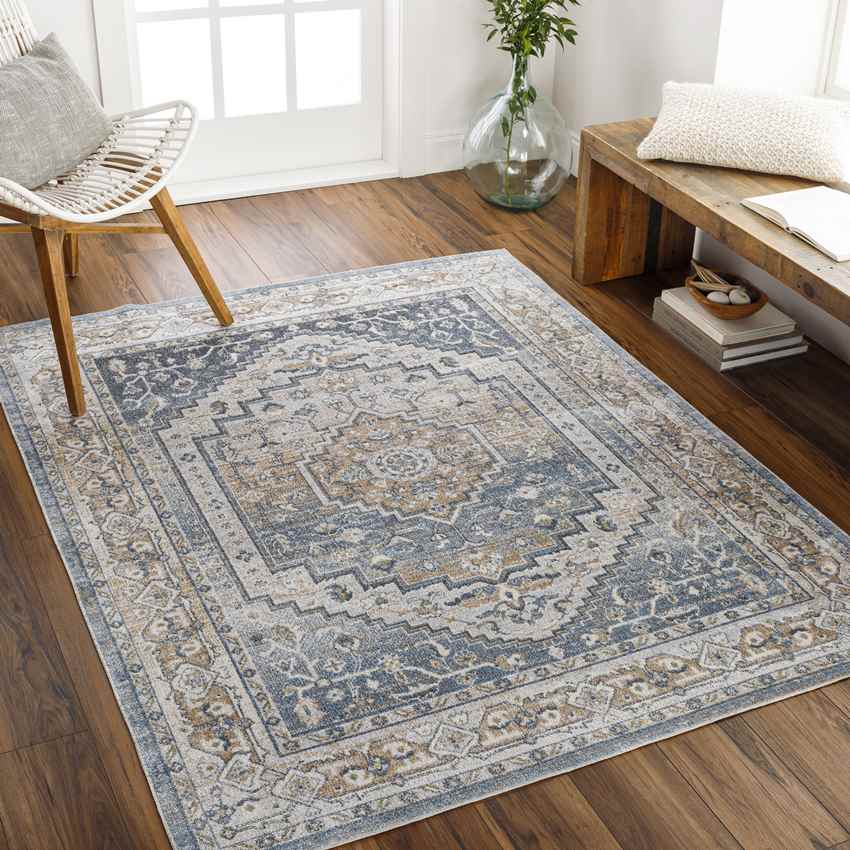 Emmett Traditional Navy Blue Washable Area Rug